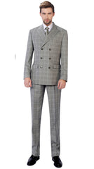 P&L Men's 2-Piece Classic Fit Double Breasted Peak Lapel Windowpane Suit