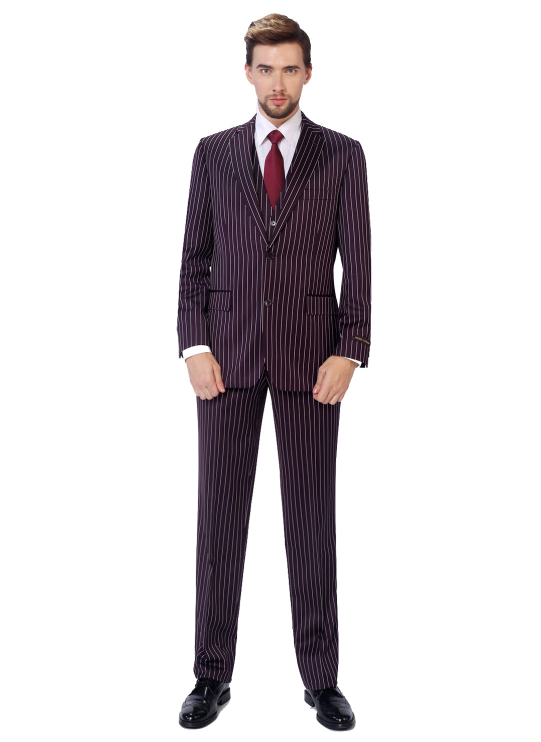 Men's Pinstripe Single Breasted 3-Piece Classic Fit Vested Suit