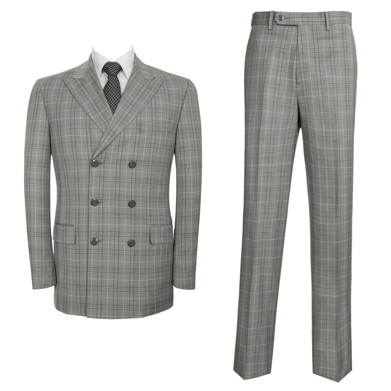 P&L Men's 2-Piece Classic Fit Double Breasted Peak Lapel Plaid Suit