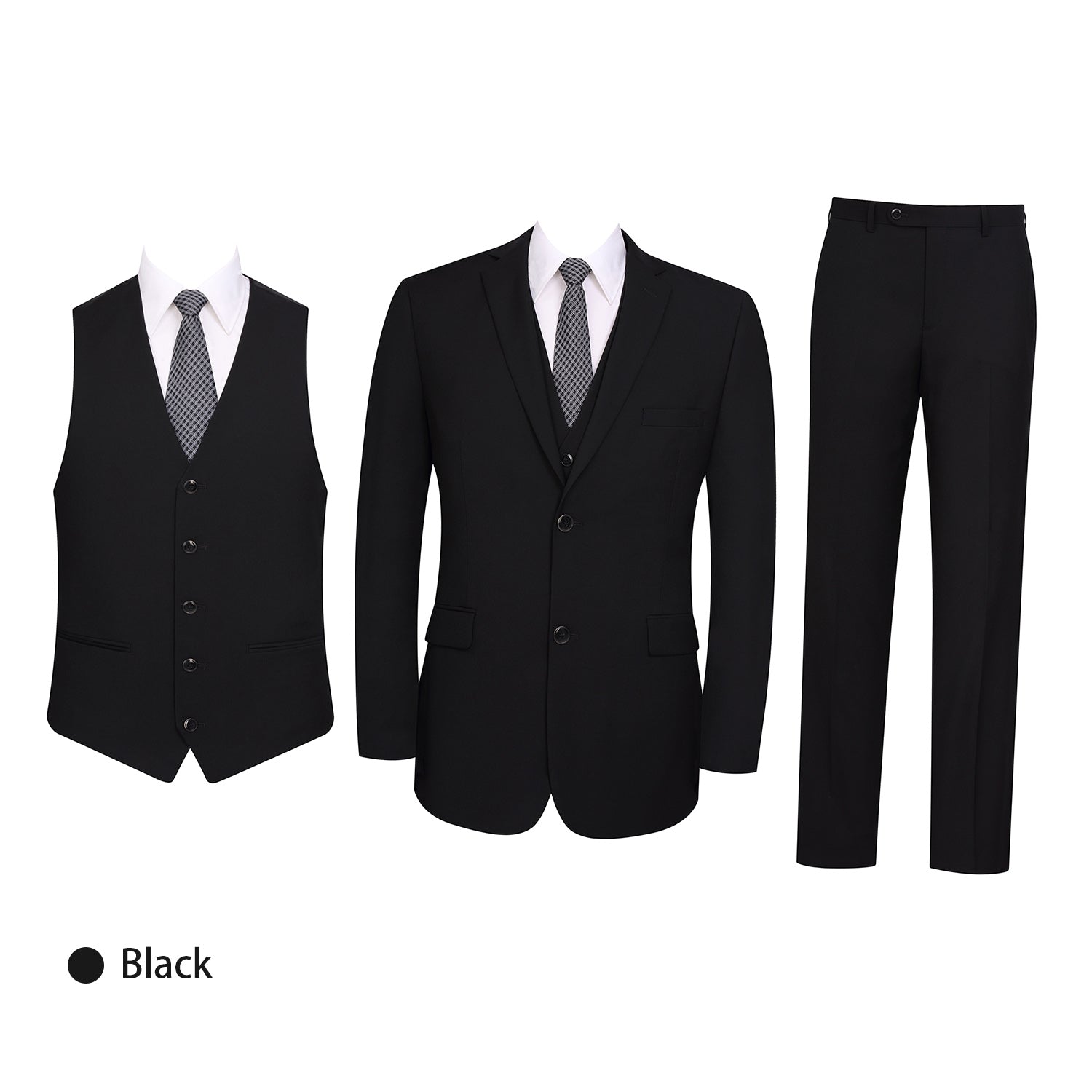 Black 3 Piece Suit Set for Men Single Breasted Solid Jacket Vest